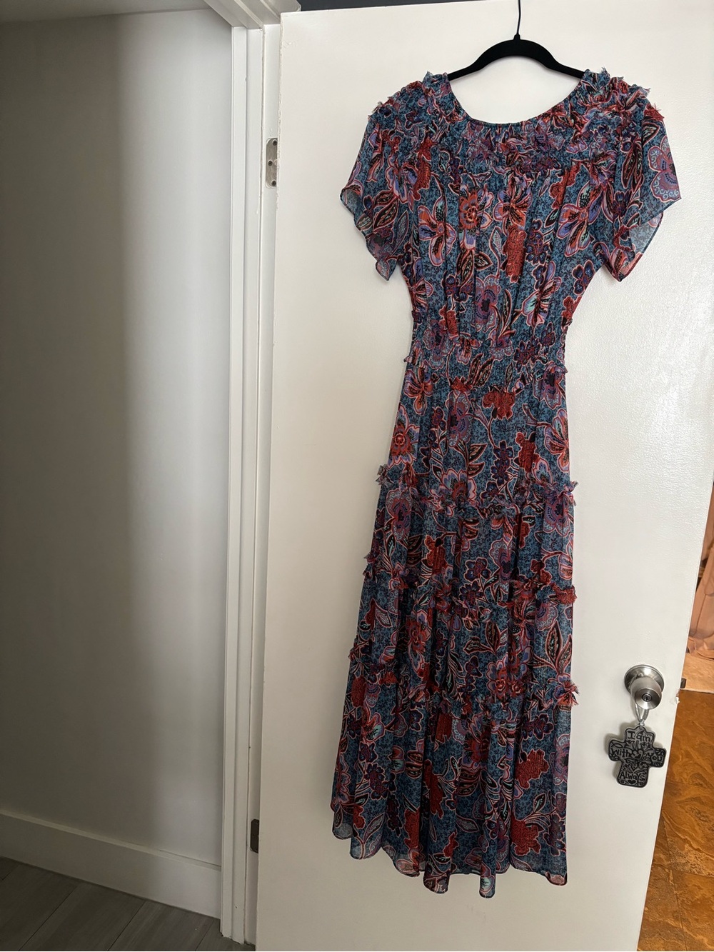 Misa Los Angeles Blue and Red Paisley Tiered Maxi Dress